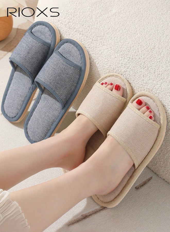 RIOXS 2 Pair Unisex Open Toe Summer House Slippers, Lightweight Breathable Slippers for Men and Women, Comfortable Slip On Slides Sandals, Washable Reusable Silent Slide Slippers for Guests, Non Slip Spa Slipper for Home Bedroom, Hotel, Travel, Beige+Blue - Image 1